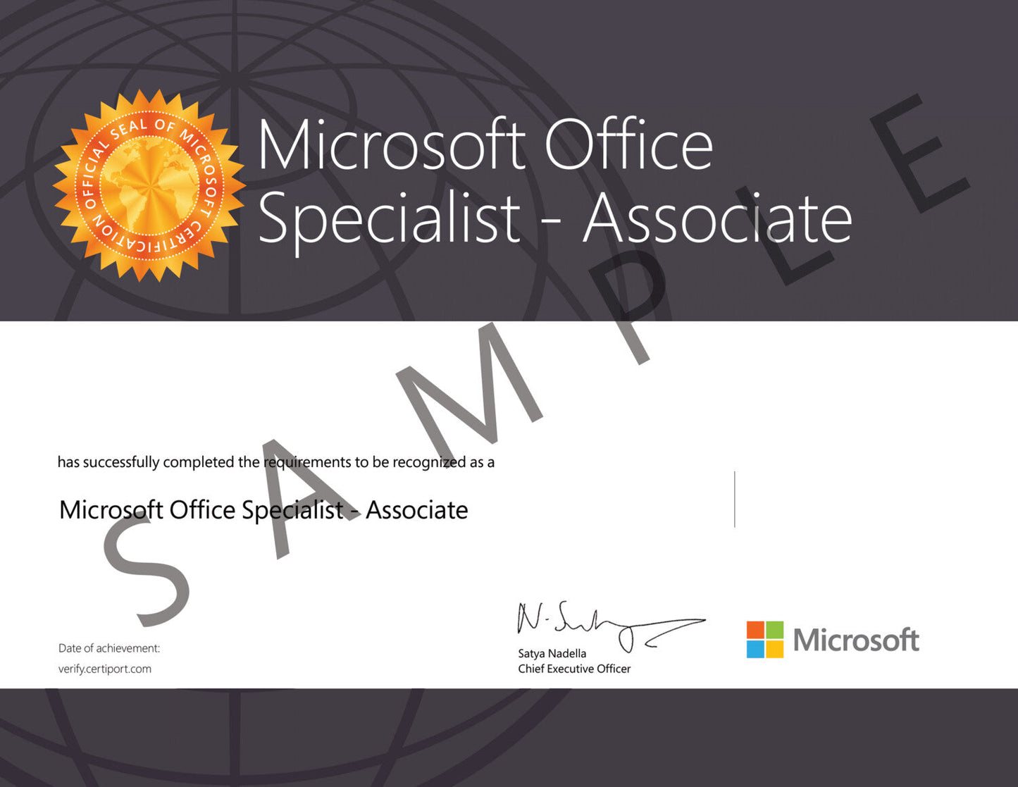 Microsoft Office Specialist Associate sample certificate